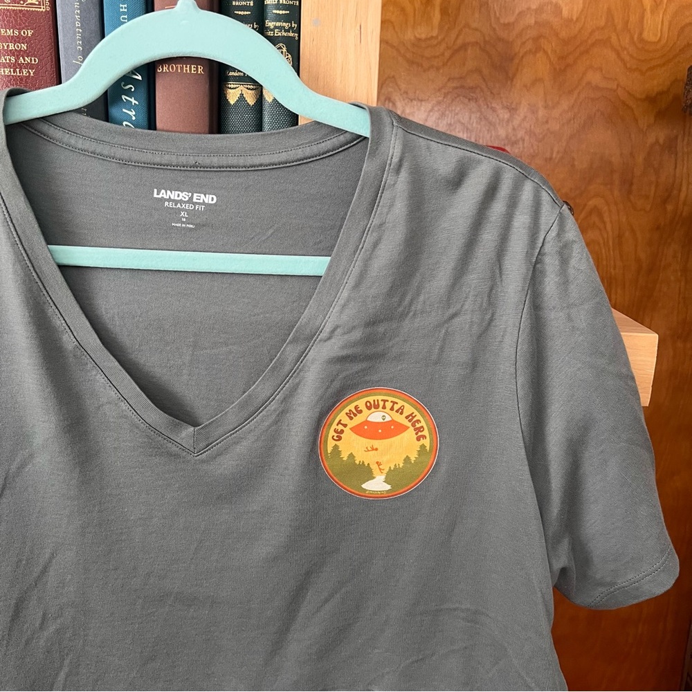 2 for $20 | Grey-Green V-Neck T-Shirt with UFO Patch Upcycle Alien